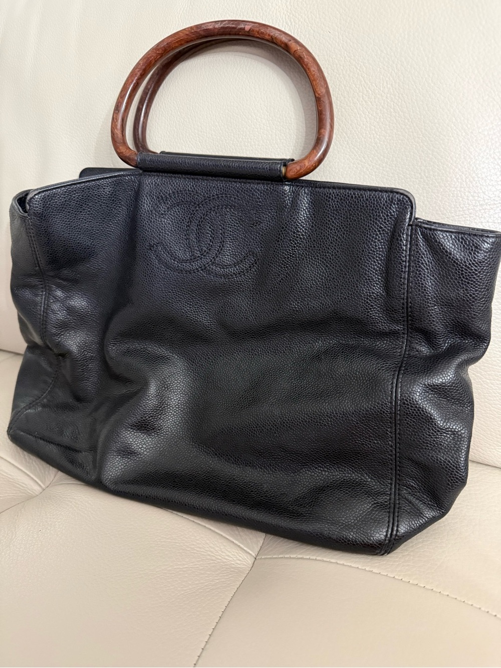CHANEL Black Pebbled Leather Tote with Wooden Handles